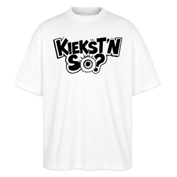 weisses Oversized Unisex Berlin Shirt mit großem schwarzem Front-Print „KIEKST'N SO?“ in Berliner Sütterlin-Schrift und stilisierter Augen-Illustration als "O" im Wort "so". Lockerer Schnitt aus weicher Bio-Baumwolle