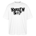 weisses Oversized Unisex Berlin Shirt mit großem schwarzem Front-Print „KIEKST'N SO?“ in Berliner Sütterlin-Schrift und stilisierter Augen-Illustration als "O" im Wort "so". Lockerer Schnitt aus weicher Bio-Baumwolle