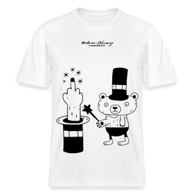 Lockeres Relaxed Fit Berlin Shirt „OHNE WORTE“ aus Bio-Baumwolle mit schwarzem Print: der Berliner Bär als doodleartige Zeichnung, der mit seinem Zauberstab einen Mittelfinger aus einem Zylinderhut hervorzaubert. - Weiß