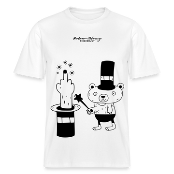 Lockeres Relaxed Fit Berlin Shirt „OHNE WORTE“ aus Bio-Baumwolle mit schwarzem Print: der Berliner Bär als doodleartige Zeichnung, der mit seinem Zauberstab einen Mittelfinger aus einem Zylinderhut hervorzaubert. - Weiß