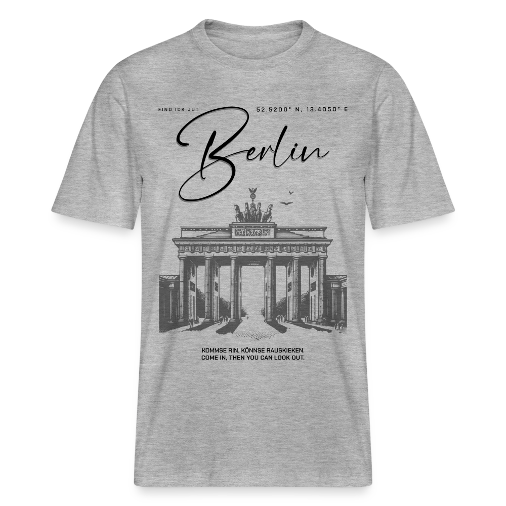 Unisex T-Shirt mit großem 'Berlin' Print und Brandenburger Tor Illustration, aus 100% Bio-Baumwolle, locker geschnitten und bequem- Grau meliert