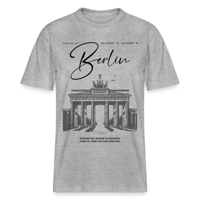 Unisex T-Shirt mit großem 'Berlin' Print und Brandenburger Tor Illustration, aus 100% Bio-Baumwolle, locker geschnitten und bequem- Grau meliert