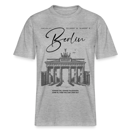 Unisex T-Shirt mit großem 'Berlin' Print und Brandenburger Tor Illustration, aus 100% Bio-Baumwolle, locker geschnitten und bequem- Grau meliert