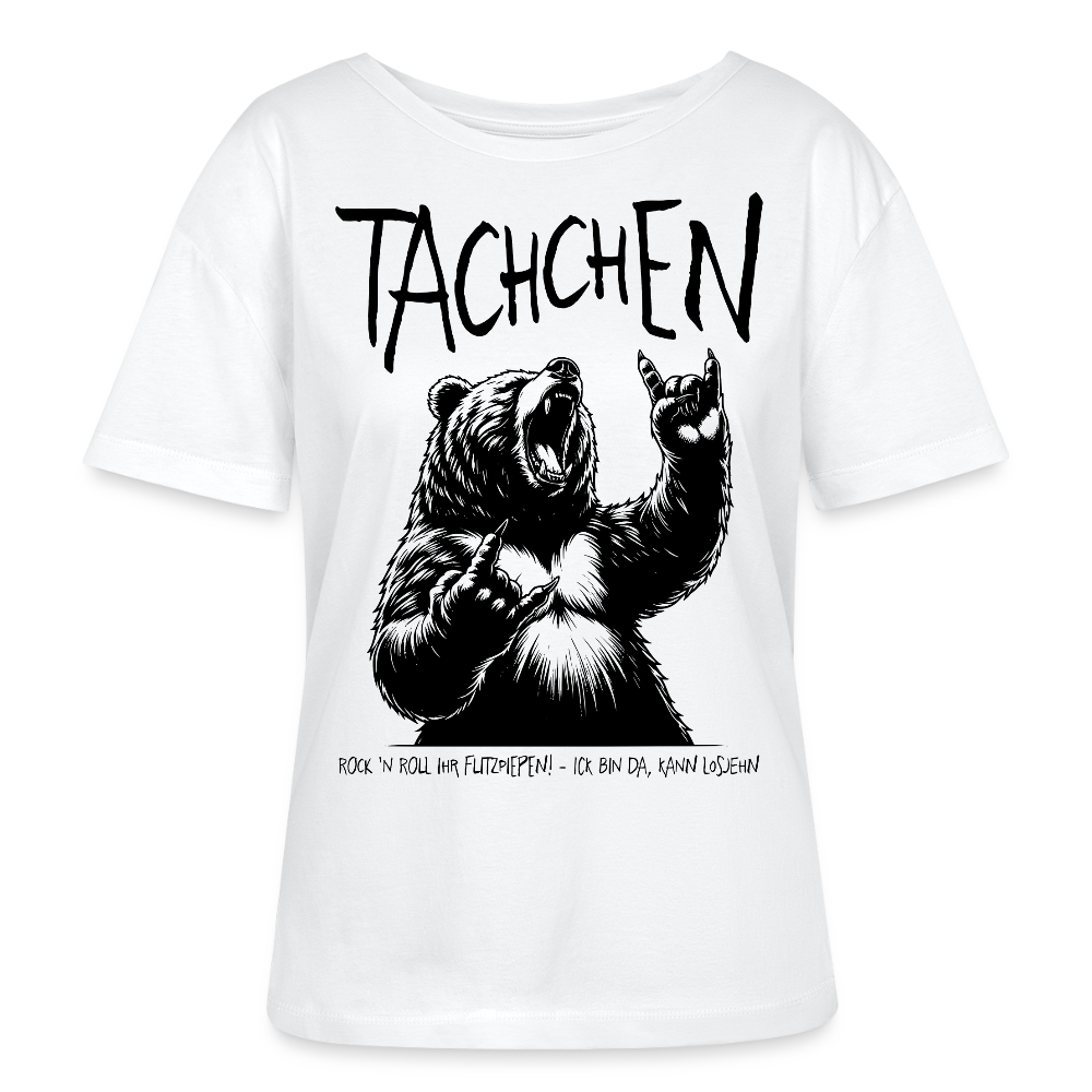 Weißes Damen T-Shirt mit großem, schwarzem Rock’n’Roll-Bären in der mitte. Darüber gross über der Brust, der  Schriftzug „Tachchen“. Der Spruch „Rock ’n Roll ihr Flitzpiepen! – Ick bin da, kann losjehn“ am Saum, legerer Rundhalsausschnitt, Bio-Baumwolle.