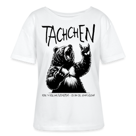 Weißes Damen T-Shirt mit großem, schwarzem Rock’n’Roll-Bären in der mitte. Darüber gross über der Brust, der  Schriftzug „Tachchen“. Der Spruch „Rock ’n Roll ihr Flitzpiepen! – Ick bin da, kann losjehn“ am Saum, legerer Rundhalsausschnitt, Bio-Baumwolle.