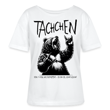 Weißes Damen T-Shirt mit großem, schwarzem Rock’n’Roll-Bären in der mitte. Darüber gross über der Brust, der  Schriftzug „Tachchen“. Der Spruch „Rock ’n Roll ihr Flitzpiepen! – Ick bin da, kann losjehn“ am Saum, legerer Rundhalsausschnitt, Bio-Baumwolle.