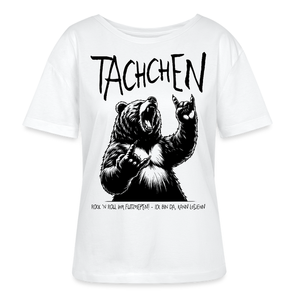Weißes Damen T-Shirt mit großem, schwarzem Rock’n’Roll-Bären in der mitte. Darüber gross über der Brust, der  Schriftzug „Tachchen“. Der Spruch „Rock ’n Roll ihr Flitzpiepen! – Ick bin da, kann losjehn“ am Saum, legerer Rundhalsausschnitt, Bio-Baumwolle.