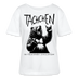 Weißes Damen T-Shirt mit großem, schwarzem Rock’n’Roll-Bären in der mitte. Darüber gross über der Brust, der  Schriftzug „Tachchen“. Der Spruch „Rock ’n Roll ihr Flitzpiepen! – Ick bin da, kann losjehn“ am Saum, legerer Rundhalsausschnitt, Bio-Baumwolle.