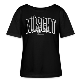 schwarzes Damen T-Shirt aus Bio-Baumwolle mit weissem Aufdruck „NÜSCHT MUSS ICK“ im Berliner Schnauze Stil, von findickjut.