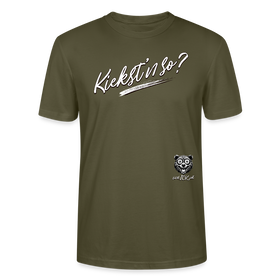 weisser Handgezeichneter Schriftzug "Kiekst'n so?" in schwungvoller Schreibschrift - typisch Berliner Spruch auf T-Shirt - Khaki