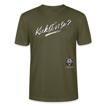 weisser Handgezeichneter Schriftzug "Kiekst'n so?" in schwungvoller Schreibschrift - typisch Berliner Spruch auf T-Shirt - Khaki