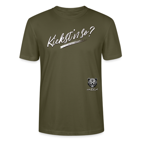 weisser Handgezeichneter Schriftzug "Kiekst'n so?" in schwungvoller Schreibschrift - typisch Berliner Spruch auf T-Shirt - Khaki