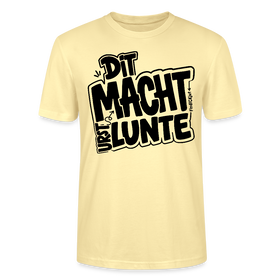 cremefarbenes  Unisex Bio T‑Shirt mit großem schwarzem Print im Comic-Style mit Berliner Spruch „DIT MACHT URST LUNTE“ 