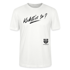 schwarzer, weiss umrandeter Schriftzug "Kiekst'n so?" im Berliner Dialekt, geschrieben in einer dynamischen, handgezeichneten Pinselstrich-Optik. - auf Bio unisex T-shirt - Weiß