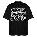 schwarzes Bio Baumwoll‑Oversize‑Shirt unisex mit Berlin Kultspruch Print in weiss „VAFATZ DA VOM JELÄNDE“