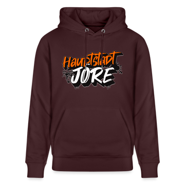 Unisex Hoodie mit 'HAUPTSTADTJÖRE' Brustprint, 100% Bio-Baumwolle, fair produziert, extra kuschelig, mit Berliner Style und hochwertiger Verarbeitung. - farbe Maroon