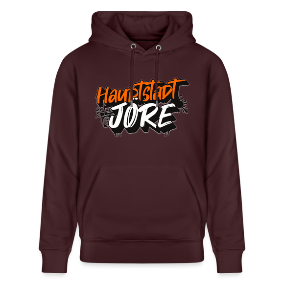 Unisex Hoodie mit 'HAUPTSTADTJÖRE' Brustprint, 100% Bio-Baumwolle, fair produziert, extra kuschelig, mit Berliner Style und hochwertiger Verarbeitung. - farbe Maroon