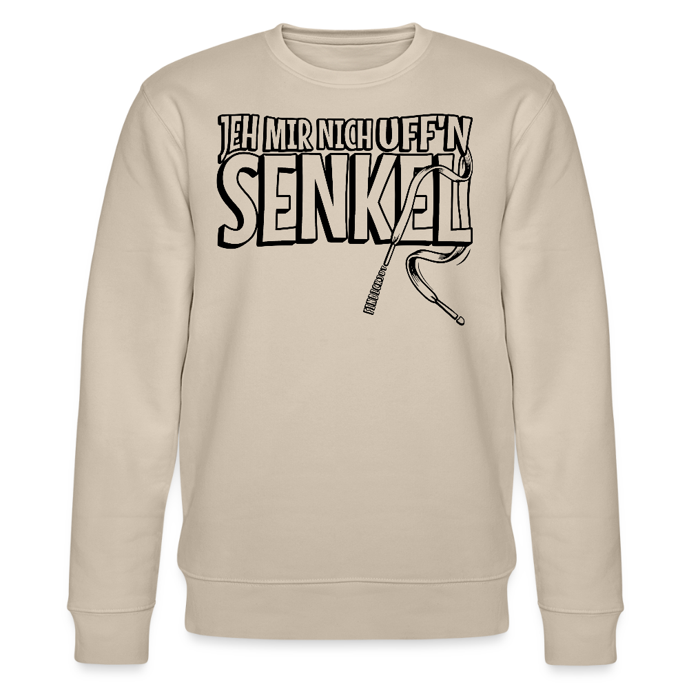 Beiger Unisex Pullover mit dem Aufdruck Original Berliner Spruch„JEH MIR NICH UFFN SENKEL“ in schwarzer Schrift, klassischer Rundhalsausschnitt aus Bio-Baumwolle.