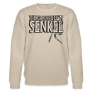 Beiger Unisex Pullover mit dem Aufdruck Original Berliner Spruch„JEH MIR NICH UFFN SENKEL“ in schwarzer Schrift, klassischer Rundhalsausschnitt aus Bio-Baumwolle.