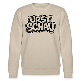 beige farbener Bio Unisex Sweater mit schwarzem Letter-Print „URST SCHAU“ – berliner ostalgie & berliner schnauze Statement, reguläre Passform.