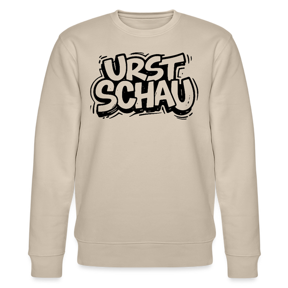 beige farbener Bio Unisex Sweater mit schwarzem Letter-Print „URST SCHAU“ – berliner ostalgie & berliner schnauze Statement, reguläre Passform.