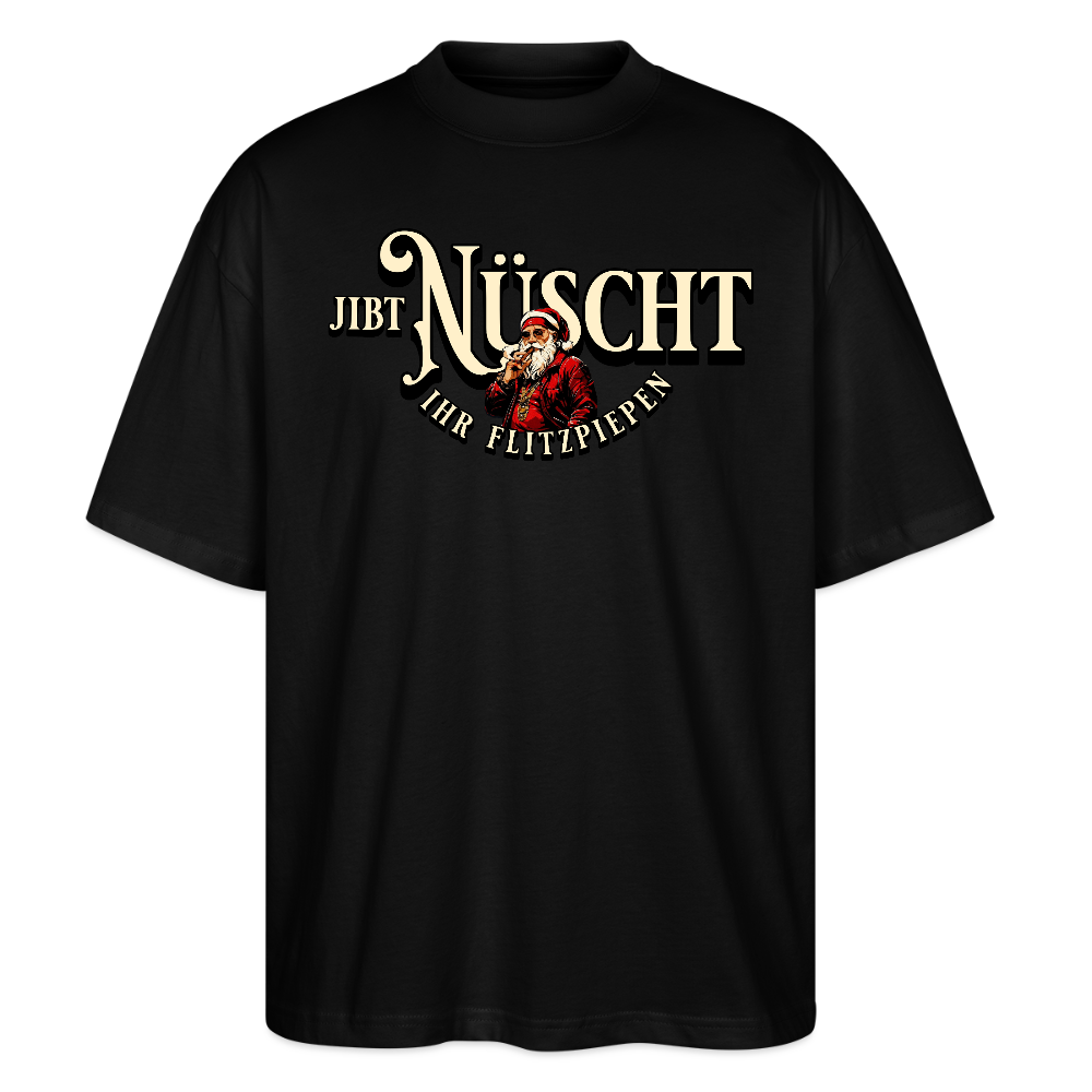 Schwarzes Oversized fit Weihnachts T‑Shirt mit Berliner Schnauze Weihnachtsmann‑Print „Jibt Nüscht ihr Flitzpiepen“ auf der Brust,Unisex 