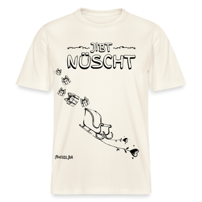 Weihnachtsdesign “JIBT NÜSCHT” mit Schlitten und fliegenden Geschenken auf Unisex Bio-T-Shirt, locker geschnitten, 215 g/m², Berlin Dialekt Motiv.Naturweiß  mit schwarzem print
