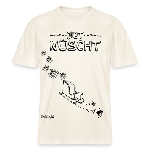 Weihnachtsdesign “JIBT NÜSCHT” mit Schlitten und fliegenden Geschenken auf Unisex Bio-T-Shirt, locker geschnitten, 215 g/m², Berlin Dialekt Motiv.Naturweiß  mit schwarzem print