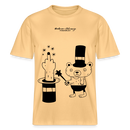 Lockeres Relaxed Fit Berlin Shirt „OHNE WORTE“ aus Bio-Baumwolle mit schwarzem Print: der Berliner Bär als doodleartige Zeichnung, der mit seinem Zauberstab einen Mittelfinger aus einem Zylinderhut hervorzaubert. - Hellgelb