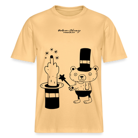 Lockeres Relaxed Fit Berlin Shirt „OHNE WORTE“ aus Bio-Baumwolle mit schwarzem Print: der Berliner Bär als doodleartige Zeichnung, der mit seinem Zauberstab einen Mittelfinger aus einem Zylinderhut hervorzaubert. - Hellgelb