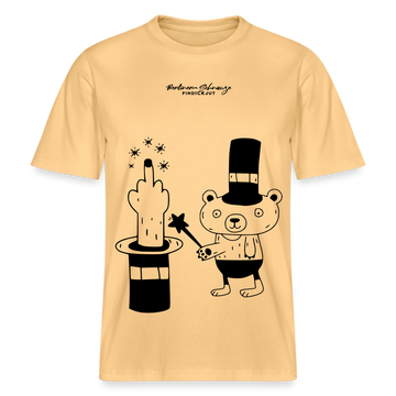 Lockeres Relaxed Fit Berlin Shirt „OHNE WORTE“ aus Bio-Baumwolle mit schwarzem Print: der Berliner Bär als doodleartige Zeichnung, der mit seinem Zauberstab einen Mittelfinger aus einem Zylinderhut hervorzaubert. - Hellgelb