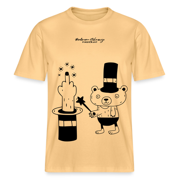 Lockeres Relaxed Fit Berlin Shirt „OHNE WORTE“ aus Bio-Baumwolle mit schwarzem Print: der Berliner Bär als doodleartige Zeichnung, der mit seinem Zauberstab einen Mittelfinger aus einem Zylinderhut hervorzaubert. - Hellgelb