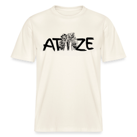 naturweisses, locker geschnittenes Unisex T-Shirt mit großem schwarzen Schriftzug „ATZE“, bei dem zwischen dem Buchstaben T und Z eine Illustration von zwei cartoonartigen Bären im Hoodie und Cap sitzt; die Bären stehen eng beieinander, legen den Arm umeinander und zeigen kumpelhaft nach vorn, darunter der Text „Berliner Schnauze – FINDICKJUT“, Symbol für Freundschaft, Besties und Brüder im Berliner Style.