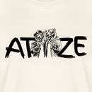 zoom auf naturweisses, locker geschnittenes Unisex T-Shirt mit großem schwarzen Schriftzug „ATZE“, bei dem zwischen dem Buchstaben T und Z eine Illustration von zwei cartoonartigen Bären im Hoodie und Cap sitzt; die Bären stehen eng beieinander, legen den Arm umeinander und zeigen kumpelhaft nach vorn, darunter der Text „Berliner Schnauze – FINDICKJUT“, Symbol für Freundschaft, Besties und Brüder im Berliner Style.