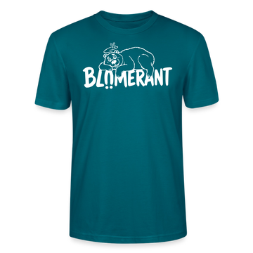 Ozeanblaues Unisex Bio T-Shirt mit Rundhalsausschnitt, weißem BLÜMERANT-Schriftzug und liegendem, schwindeligem Bären auf der Brust,