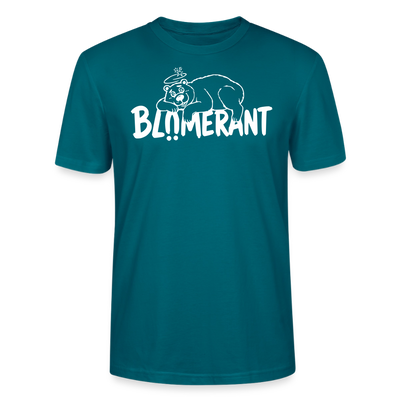 Ozeanblaues Unisex Bio T-Shirt mit Rundhalsausschnitt, weißem BLÜMERANT-Schriftzug und liegendem, schwindeligem Bären auf der Brust,