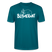 Ozeanblaues Unisex Bio T-Shirt mit Rundhalsausschnitt, weißem BLÜMERANT-Schriftzug und liegendem, schwindeligem Bären auf der Brust,