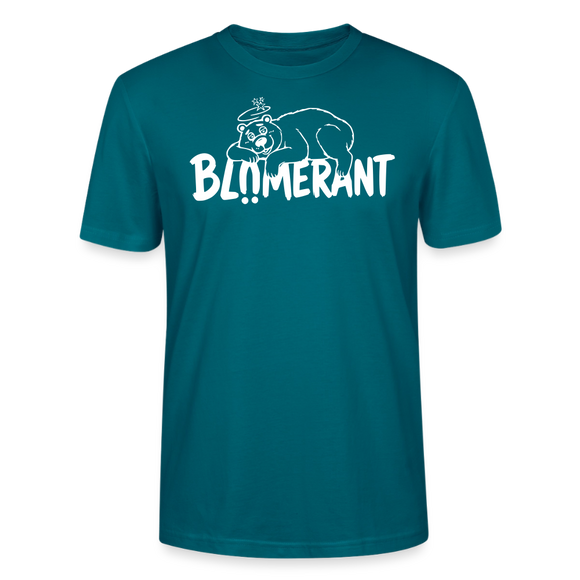 Ozeanblaues Unisex Bio T-Shirt mit Rundhalsausschnitt, weißem BLÜMERANT-Schriftzug und liegendem, schwindeligem Bären auf der Brust,