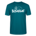 Ozeanblaues Unisex Bio T-Shirt mit Rundhalsausschnitt, weißem BLÜMERANT-Schriftzug und liegendem, schwindeligem Bären auf der Brust,