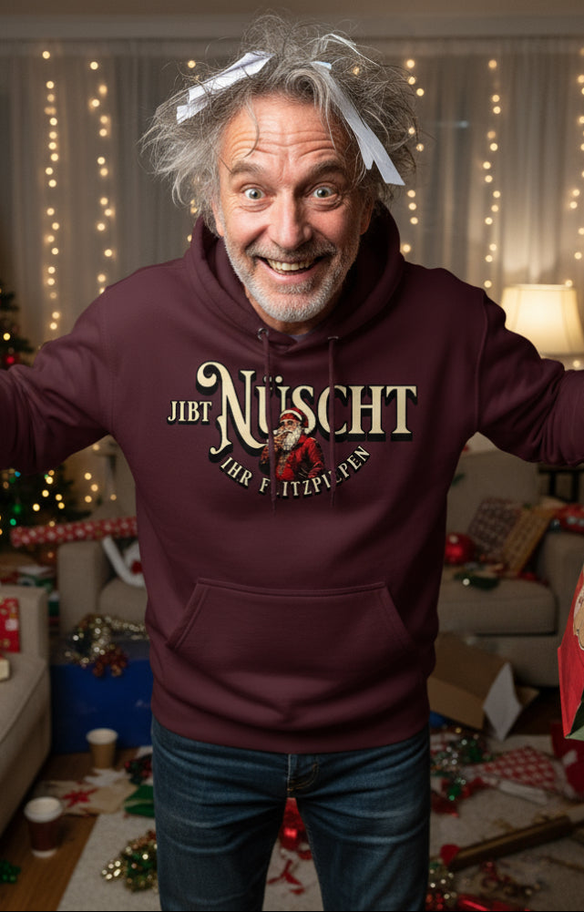 Website-Begrüssungsbild- Mann mit dem Weihnachtshoodie "JIBT NÜSCHT ihr Flitzpiepen"