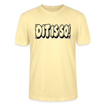Hellgelbes Berlin Shirt mit schwarzem, grossen „Dit is so!“ Schriftzug in auffälliger Bubble-Schrift auf der Vorderseite.