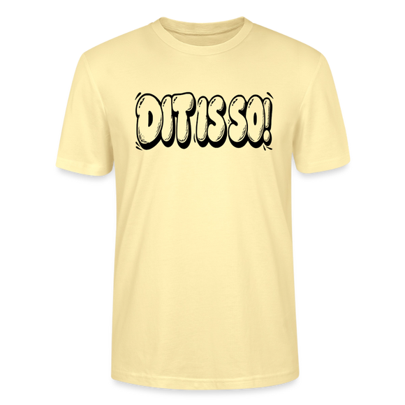Hellgelbes Berlin Shirt mit schwarzem, grossen „Dit is so!“ Schriftzug in auffälliger Bubble-Schrift auf der Vorderseite.