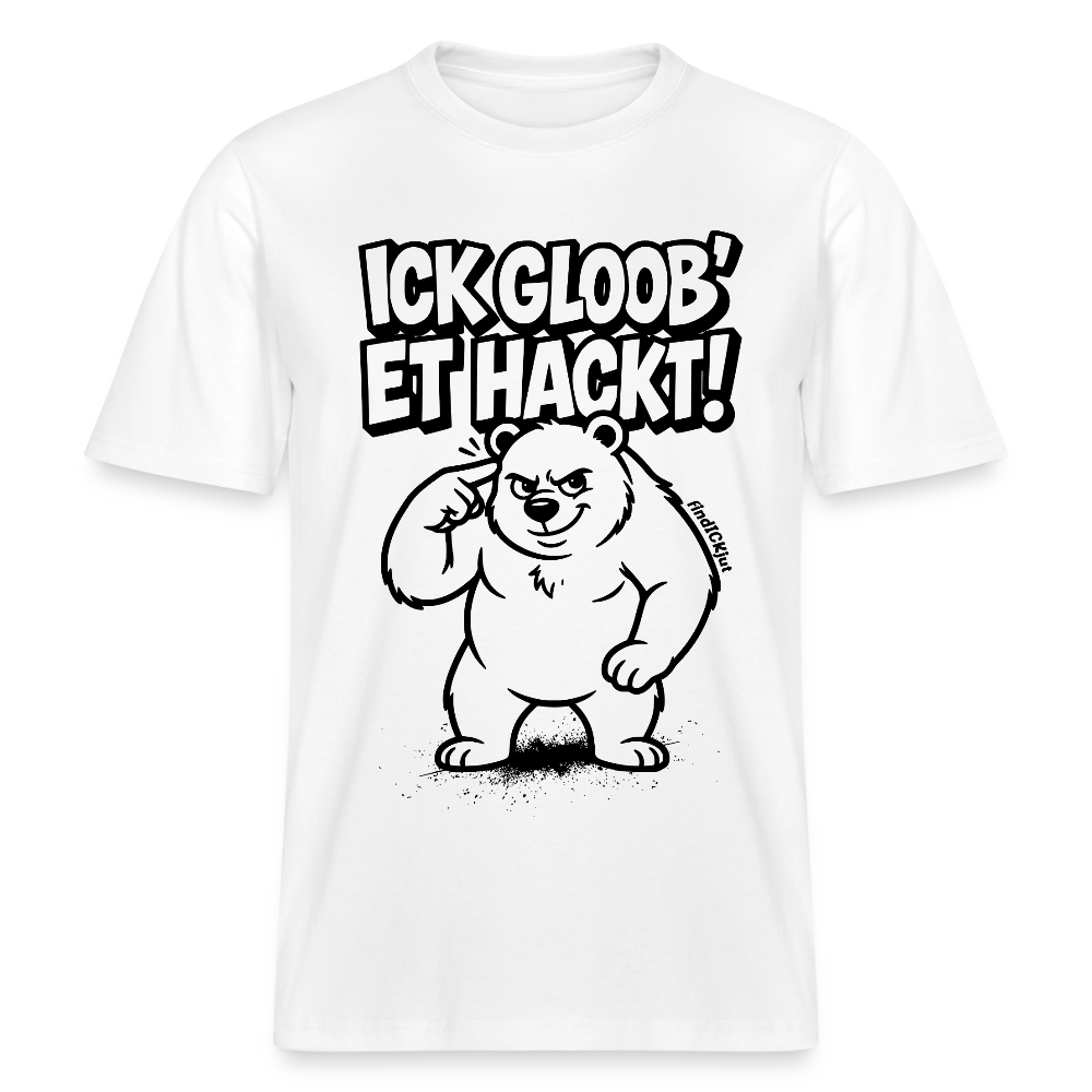 weisses Unisex Berlin Shirt mit schwarzem Print Berliner Spruch „ICK GLOOB ET HACKT“ und Berliner Bären, der sich ungläubig an den Kopf tippt