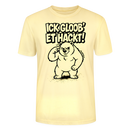 Leichtes Unisex Bio Berlin Shirt in Hellgelb/ creme mit dem Spruch „ICK GLOOB’ ET HACKT!“ und darunter einem Berliner Bären, der sich mit dem Zeigefinger an den Kopf tippt.