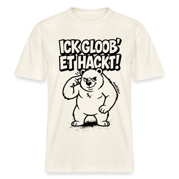 naturweisses Unisex Berlin Shirt mit schwarzem Print Berliner Spruch „ICK GLOOB ET HACKT“ und Berliner Bären, der sich ungläubig an den Kopf tippt