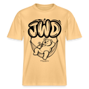 hellgelbes Relaxed Fit Shirt aus Bio-Baumwolle mit schwarz gerahmten Print-Berliner Bär in Hängematte, darüber in Bubbleschrift "JWD"