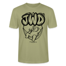 Unisex Berlin T-Shirt in nebelgrün mit großem JWD-Schriftzug und entspanntem Bären in der Hängematte als schwarzem Frontprint