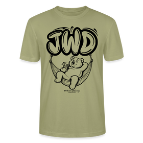 Unisex Berlin T-Shirt in nebelgrün mit großem JWD-Schriftzug und entspanntem Bären in der Hängematte als schwarzem Frontprint