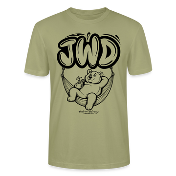 Unisex Berlin T-Shirt in nebelgrün mit großem JWD-Schriftzug und entspanntem Bären in der Hängematte als schwarzem Frontprint