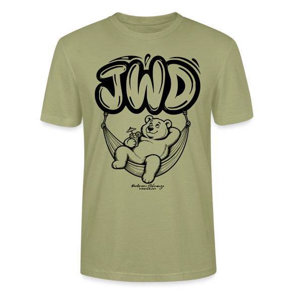 Unisex Berlin T-Shirt in nebelgrün mit großem JWD-Schriftzug und entspanntem Bären in der Hängematte als schwarzem Frontprint
